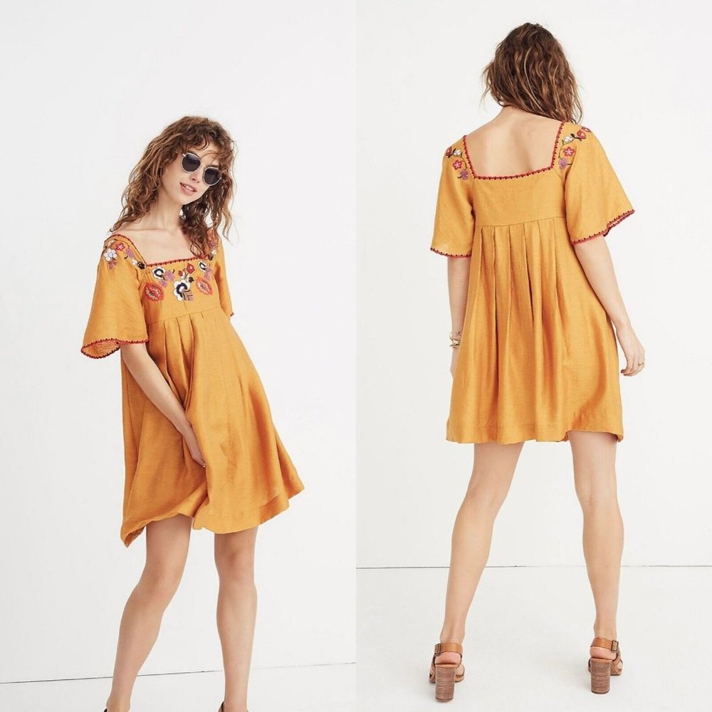 Madewell Embroidered Mustard Mini Dress
